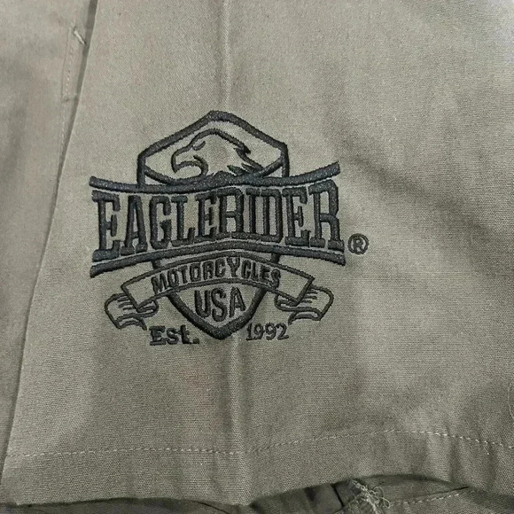 [M]Eaglerider Motocycle Skull Embroidered  Olive Green S/S Button up Men Shirt - Picture 6 of 9